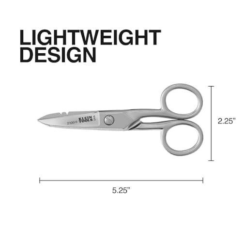 Klein Tools 2100-9 Stainless Steel Electrician Scissors, Made in USA, 5.25-Inch Free-Fall Handle Snips, Stripping Notches, Non-Slip Serrated Blade
