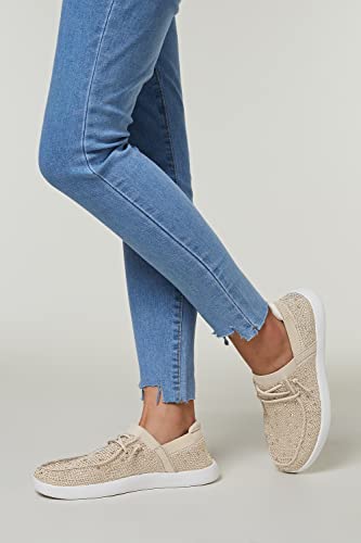 BELOS Women's Rhinestone Lace Up Loafers Shoes Comfortable Slip On Mesh Knit Walking Shoes Fashion Lightweight Sparkly Glitter Sneaker(Beige,7