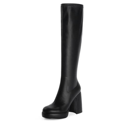 Modatope Knee High Boots for Women Platform Black Boots Womens Platform Chunky Heel Boots Women High Heel Rounded Toe Side Zipper Tall Boots Size 6.5