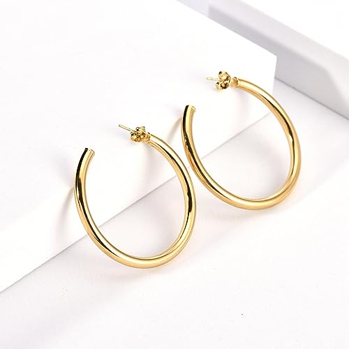14K Gold Hoop Earrings for Women, Hypoallergenic Open Hoops, Non-Nickel Titanium Earrings for Sensitive Ears, 2mm Thin Hoop Lightweight Earrings (30mm-Gold)