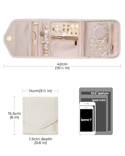 BAGSMART Travel Jewelry Organizer Case Foldable Jewelry Roll for Journey-Rings, Necklaces, Earrings, Bracelets,Mini,Beige