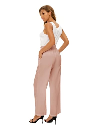 LNX Linen Pants for Women Striped High Waisted Wide Leg Drawstring Casual Loose Pants with Pockets