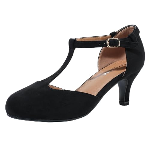 fereshte Women's T Strap Mary Jane Shoes Kitten Heels Cut Out Retro Dress Pumps Suede Royal Blue 46 - US 12.5