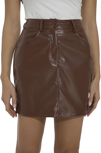 GUANYY Womens Faux Leather Skirt High Waisted Stretchy Zipper Bodycon Mini Short Skirts with Pockets Brown Small
