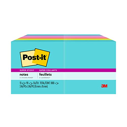 Post-it Super Sticky Notes, 12 Sticky Note Pads, 3 x 3 in., School Supplies, Office Products, Sticky Notes for Vertical Surfaces, Monitors, Walls and Windows, Supernova Neons Collection