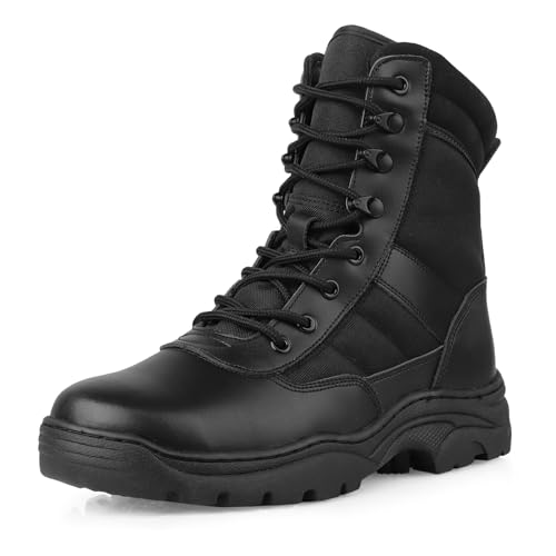 QUNLON Men's Tactical Boots Military Boots for Men Side Zipper Combat Motorcycle Boots Lightweight Army Work Boots 8'' Duty Boots Black Leather Police Boots-6.5US