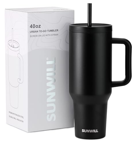 SUNWILL Travel Coffee Tumbler with Lid and Straw, 40 oz Tumbler with Handle, Tumbler Cups, Insulated Reusable Stainless Steel Coffee Mug for Travel & Outdoor, Cupholder Friendly, Almond