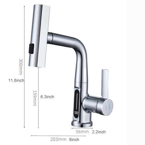 Pirooso Bathroom Faucet with LED Temperature Display, Liftable Bathroom Faucet with Pull Down Sprayer, Waterfall Rainfall Faucet for Bathroom Sink, Single Handle Faucet for Bathroom and Kitchen Chrome