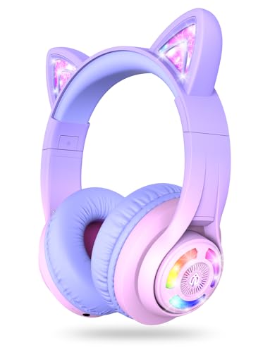 iClever Cat Ear Kids Bluetooth Headphones, LED Lights Up, 74/85/94dB Volume Limited, 50H Playtime,Bluetooth 5.2, USB C, Kids Headphones Wireless for Travel iPad Tablet, Meow Macaron-Gradient Pink