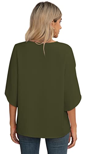 Jouica Womens Blouses Summer Elegant Chiffon Light Blouse 3/4 Sleeve Blouses Loose Casual Shirt for Women,Flower Navy Blue2,Small