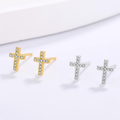 BG&WLing Cubic Zirconia Cross Earrings for Women, 14K Gold Plated Sterling Silver Stud Earrings Hypoallergenic, Cute Dainty Jewelry Gifts (Gold)