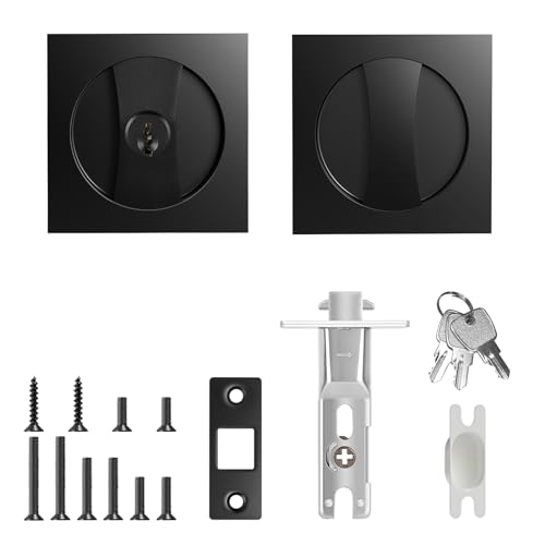 Aglehome Square Door Hardware - Sliding Pocket Door Lock with Key, Flush Latch for Bed/Bath, Matte Black, 2-3/8" Backset