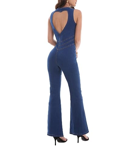 Sexyshine Women's Open Back Sleeveless Denim Jumpsuit Zipper Flared Leg One Piece Slim Fit Full Length Jeans Rompers Overalls(24735BE,XS)