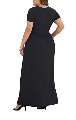 HAOMEILI Women's Short Sleeve Floral Print V Neck Loose Plain Maxi Dresses Casual Long Dresses with Pockets Blue 2XL