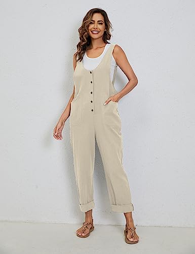 Yeokou Womens Overalls Linen Cotton Jumpsuits Loose Casual Jumpers with Pockets(Beige-S)