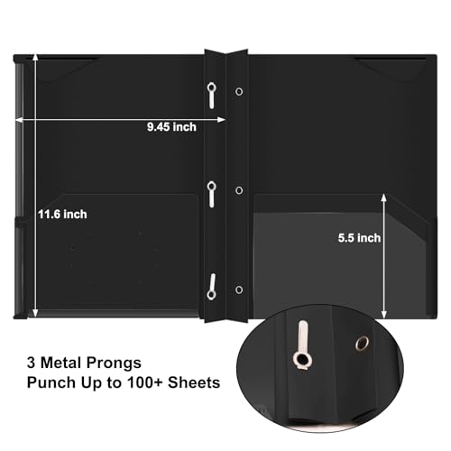 ViVin Heavy Duty Pocket Folder with Prongs, 6 Pack, 2 Pockets Plastic Folder, with Clear Front Pocket and Stay-Put Tabs, Hold US Letter Size Page, for Office and School - Black