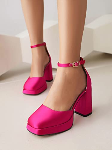 XIEDA Women's Hot Pink Heels Platform High Chunky Block Heels Ankle Strap Closed Toe Pumps Shoes (6.5, Hot Pink)