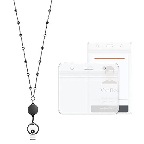 Vzrflee Retractable Badge Reel Lanyard with 2 Pieces ID Holder for Women, Fashion Beaded Chain Premium Stainless Steel Lanyard Necklace Water Resistant Name Badge Holder (Black)