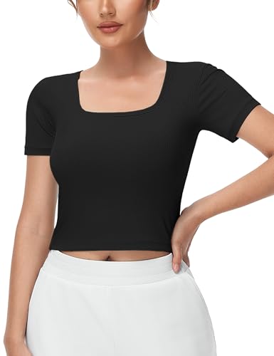 THE GYM PEOPLE Women's Workout Crop Tops Short Sleeve Ribbed Ice Silk Fabric Slim Fit Square Neck Running Shirts Black