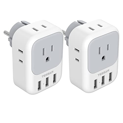 Switzerland Power Adapter 2 Pack, TESSAN Swiss Travel Plug Adaptor with 4 Outlets 3 USB Charging Ports, Type J Plug for US to Switzerland, Liechtenstein, Rwanda