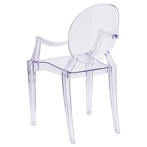 Flash Furniture Indoor/Outdoor Ghost Accent and Dining Chair with Curved Arms and Contoured Seat, Stackable Restaurant Chair, Transparent Crystal