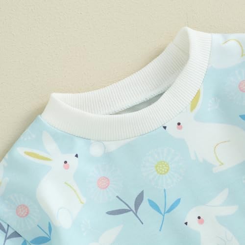 Infant Baby Girl Boy Easter Outfit Cute Bunny T Shirt Romper Oversized Bubble Onesie Floral Short Sleeve Bodysuit (Blue White Rabbit Print, 0-3 Months)