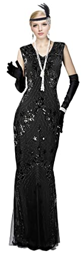 Women Evening Dress 1920s Floral Sequin Mermaid Hem Maxi Long Formal Ball Gown with 20s Accessories Set (Small, Style Black Silver)