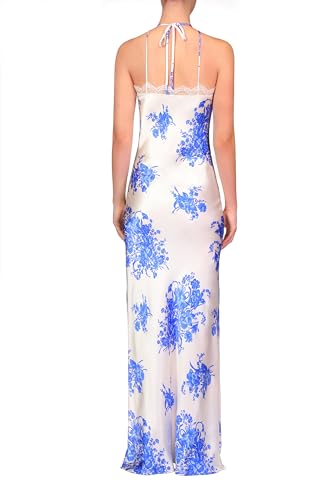 Rodarte, Blue And White Floral Printed Silk Bias Gown With Lace Details, 2, White/Blue