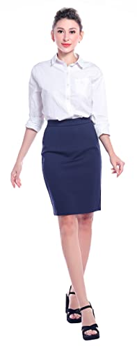 Marycrafts Women's Knee Midi Length Pencil Stretchy Work Office Skirt XS Navy
