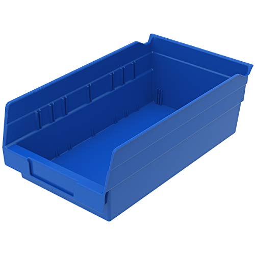 Akro-Mils 30128 Plastic Shelf Bins, Heavy Duty Storage Bins for Garage, Closet, and Drawer Organization, 18-Inch x 4-Inch x 4-Inch, Blue, 12-Pack