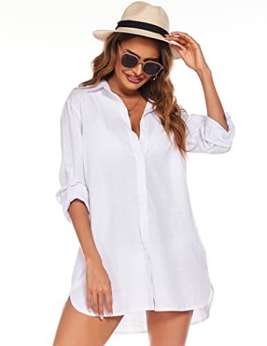 HOTOUCH Women Striped Button Down Shirts Casual Boyfriend Long Shirts Baggy Shirt (Blue Striped L)