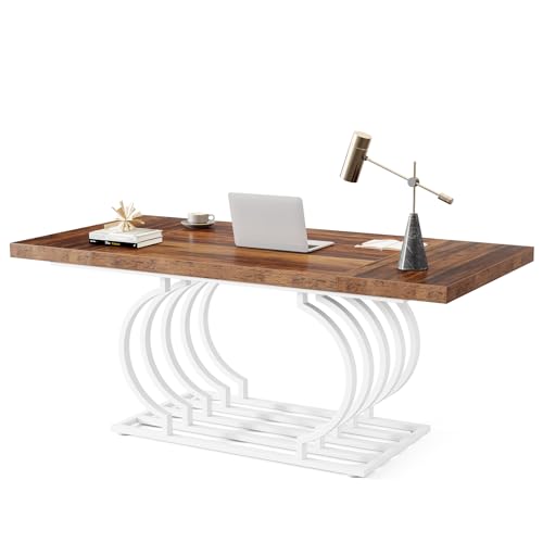 Tribesigns 63" Modern Office Desk, White and Gold Executive Desk, Large Computer Desk Home Office Desk with Gold Metal Frame, Wood Workstation Study Writing Desk