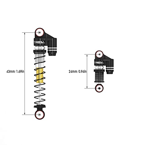 TREAL SCX24 Shocks 43mm Tele Shock Absorber Vibration Damper (4) for 1/24 RC Crawler Car Axial SCX24 Bronco Gladiator C10 Deadbolt Upgrades Parts Accessories (Black)