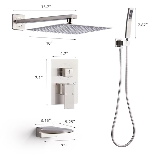 LCEVCGK Shower System with Tub Spout, Shower Faucet Set Complete Wall Mounted for Bathroom with 10 Inch Rainfall Shower Head and Handheld Rain Shower Mixer Combo Kit, Brushed Nickel
