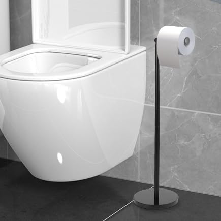 Toilet Paper Holder Stand with Weighted Natural Marble Base, Bathroom Free Standing Toilet Paper Roll Holder with Reserve, Standing Toilet Tissue Holder with Storage (Black, with Storage)