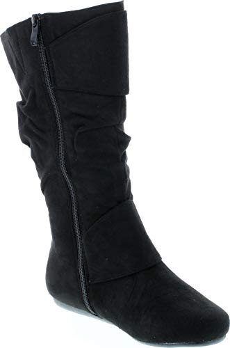 Forever Link Women's Klein-70 Closed Round Toe Buckle Slouch Flat Heel Mid-Calf Boot,Tan-bd,5.5
