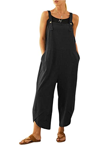 UANEO Womens Cotton Adjustable Casual Summer Bib Overalls Jumpsuits with Pockets (Black, Small)