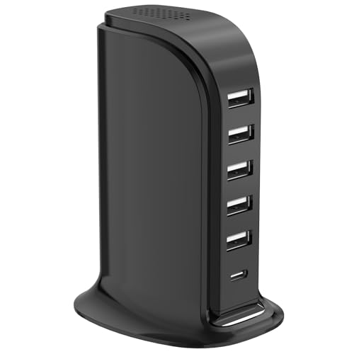 USB Charger Block with Type C, 6-Port Chargers for Multiple Devices, USB Charging Hub with Smart IC, Charger Station Total 60W for Phone/Tablet/Gaming, Wall Charger Adapter Compact&Portable