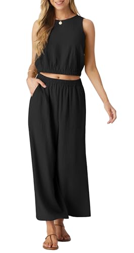 GRECERELLE Two Piece Sets for Women Sleeveless Crop Top Wide Leg Pants Sweat Set for Women 2024 Summer Khaki Black Flower-L