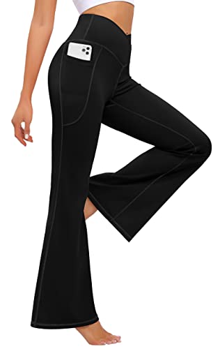 Ewedoos Flare Leggings for Women with Pockets Tummy Control Crossover Flare Yoga Pants Dress Casual Slacks Trousers