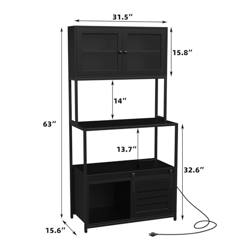 Furniouse 6-Tier Kitchen Bakers Rack with Power Outlet, Industrial Microwave Oven Stand with Shelves, Kitchen Utility Storage Shelf with Cabinet, Standing Kitchen Storage Rack (Black)