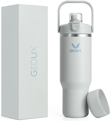 Gedux 32 oz Stainless Steel Tumbler with Handle and Straw, Vacuum Insulated Water Bottle with 2-in-1 Lid (Chug Lid/Straw Lid) and Silicone Boot, Cupholder Friendly Gifts for Women and Men