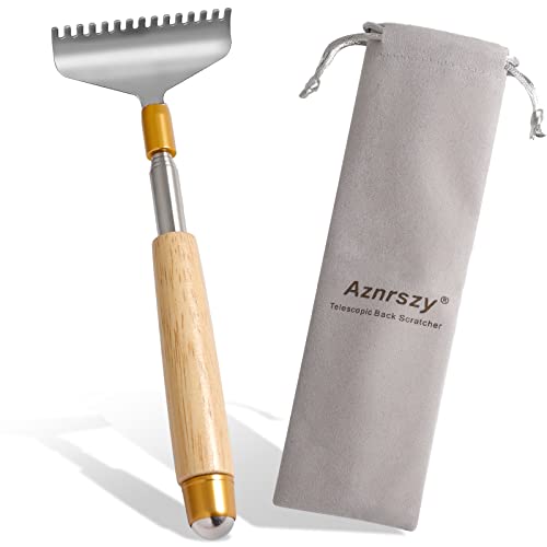 Aznrszy 2Pcs Back Scratchers, Metal Extendable BackScratchers for Adults Kids 2 Sizes Long 20 & 24 (Inches), Rake Claw/Wooden Handle/Massage Roller, Portable Head Body Scratcher Massagers