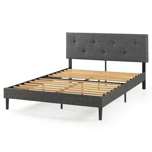 Mellow Alva Upholstered Platform Bed Frame with Button Tufted Headboard and Sustainable Bamboo Slats/No Box Spring Needed/Mattress Foundation/Easy Assembly, Dark Grey, Queen