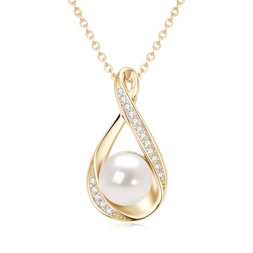 Pearl Necklace for Women, Freshwater Cultured Dainty Gold Single Pearl Pendant Necklace with Moissanite Diamond Wedding Jewelry Gift for Bride Bridesmaid (8mm)