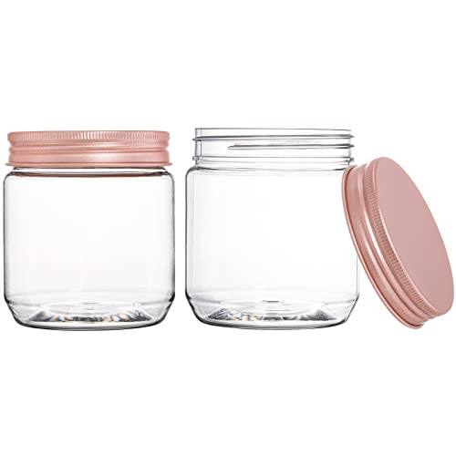 Fasmov 25 Pack 8 Ounce Clear Plastic Jars Containers with Rose Gold Lids, Round Empty Plastic Slime Storage Containers for Kitchen & Household Storage - BPA Free