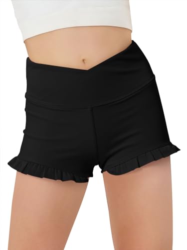 Haloumoning Girls Athletic Ruffle Shorts V Crossover High Waisted Yoga Dance Shorts Comfy Gymnastics Shorts 5-14Y Rose Red