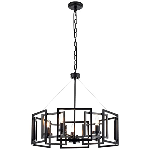 MhyTogn Industrial Style Chandelier, with Matt Black Finish Geometric Shade Pendant Lighting Fixture for Dining Room Living Room Kitchen Island Bedroom 5-Light