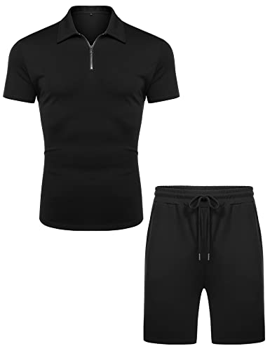 URRU Men's Polo Short Sleeve T Shirt and Shorts Set Summer 2 Piece Outfit Royal Blue M