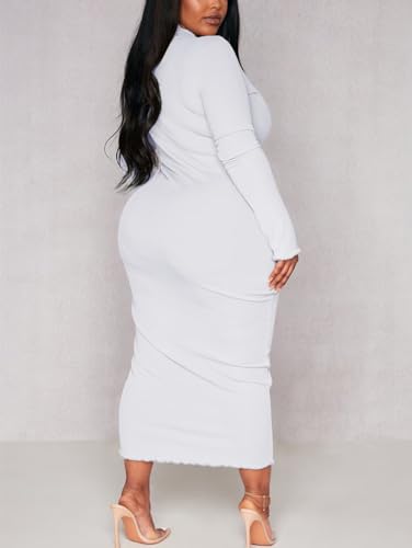 BEAGIMEG Women's Sexy Bodycon Plus Size Long Sleeve Rib Lettuce Hem Club Evening Party Maxi Dress White